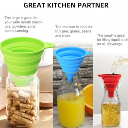 Silicone Collapsible Funnel Set 3 Pack Food Grade Funnels for Filling Bottles, Liquid Powder Transfer Kitchen Funnel with Wall Hooks (3* funnels,wall Hooks* 3)