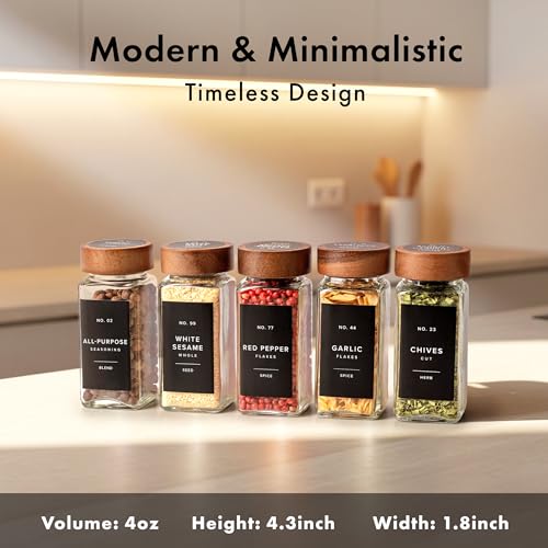 EDELHAUS Glass Spice Jars with Label, 24x Acacia Wooden Lids - Black Labels | Airtight acacia lids keep spices fresh; use as a spice organizer, seasoning containers or 4 oz jar set; funnel & 240 labels - color: Acacia Lid + Black Labels