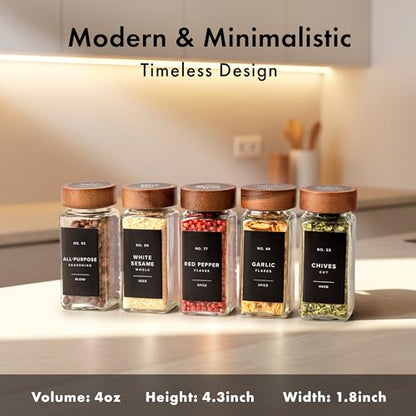 EDELHAUS Glass Spice Jars with Label, 24x Acacia Wooden Lids - Black Labels | Airtight acacia lids keep spices fresh; use as a spice organizer, seasoning containers or 4 oz jar set; funnel & 240 labels - color: Acacia Lid + Black Labels