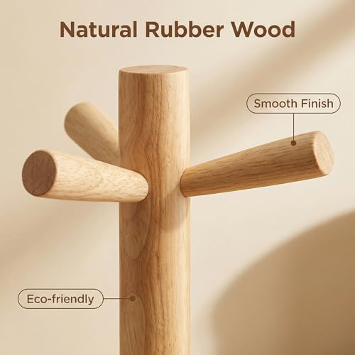 Elandy Wooden Mug Holder Tree with 6 Hooks Mug Stand Mug Rack Coffee Cup Holder Mug Hanger Tea Coffee Bar Organizer for Kitchen Counter and Display Dinnerware Storage
