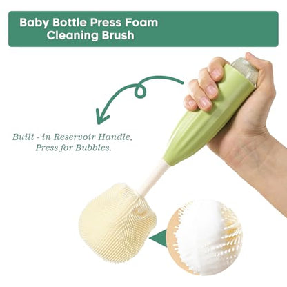 Baby Bottle Brush Set, Silicone Bottle Brush Cleaner with Nipple & Straw Brushes, Push-Press Bubble and Drying Rack for Bottle Cleaning,BPA-Free,Bottle Washer Brush for Breast Pump (Green) - color: Green