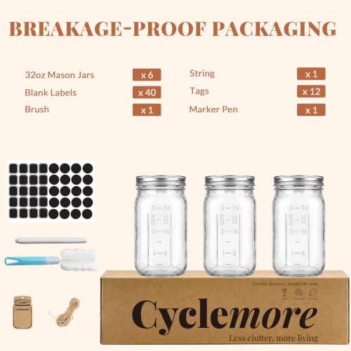 CycleMore Mason Jars 32 oz Wide Mouth, 6 Pack Glass Jars with ml Measurements and Silver Split Lids, Quart Mason Jars for Sourdough Starter, Pickles, Fermenting and Storage - size: 32 oz - 6 Pack
