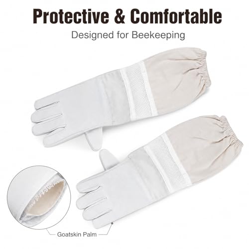 Bee Gloves with Long Sleeves, XL, Breathable Mesh, Elastic Cuff Protective Beekeeper Tool - Durable Goatskin Leather, Ergonomic Design for Hand and Forearm Safety (XL) - size: XL