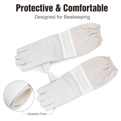 Bee Gloves with Long Sleeves, XL, Breathable Mesh, Elastic Cuff Protective Beekeeper Tool - Durable Goatskin Leather, Ergonomic Design for Hand and Forearm Safety (XL) - size: XL