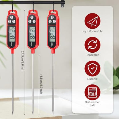 Copkim 6 Pcs Instant Read Meat Thermometer with Long Probe 9.65 Inch Kitchen Cooking Food Candy Waterproof Digital Thermometer for BBQ Water Milk Yogurt Liquid Cooking(Red) - color: Red