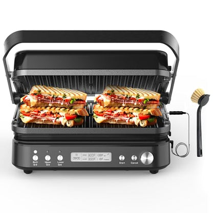 CATTLEMAN Panini Grill Press Sandwich Maker with Removable Plates, 1600W, 5 in 1 Smokeless Indoor Grill & Griddle with Meat Thermometer, PFAS Free Ceramic Nonstick Reversible Plates, Opens Flat - color: Black with Reversible Plates