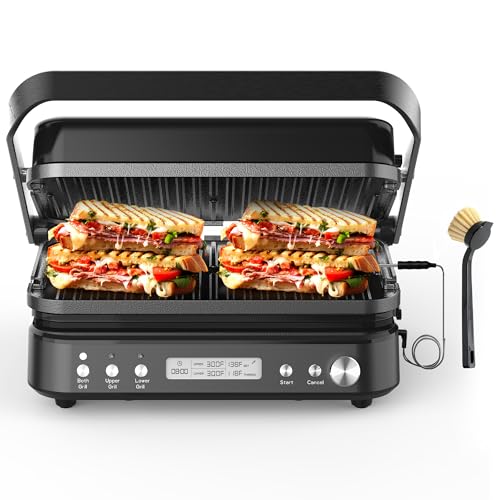 CATTLEMAN Panini Grill Press Sandwich Maker with Removable Plates, 1600W, 5 in 1 Smokeless Indoor Grill & Griddle with Meat Thermometer, PFAS Free Ceramic Nonstick Reversible Plates, Opens Flat - color: Black with Reversible Plates