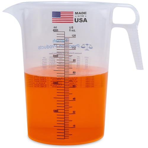 One Gallon 128oz Measure Pitcher - Convenient Conversion Chart - Strong Food Grade - Great for Lawn, Chemicals Pool, Ag, Lye, Home Hobbies, Motor Oil, Fluids - Turnah Precision Products, Made in USA - size: 128 oz
