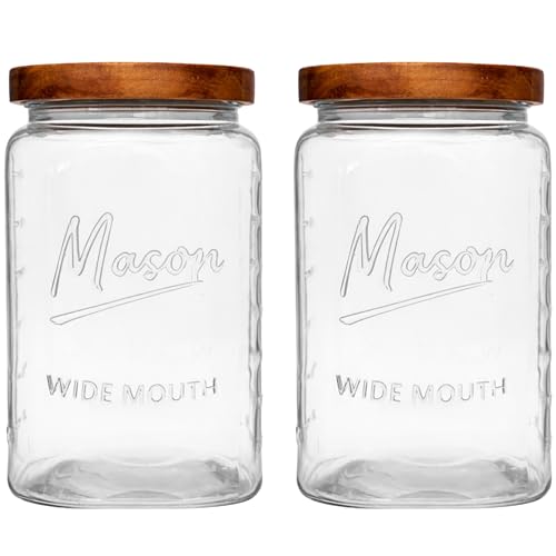 1 Gallon Glass Jars with Wooden Lids - Extra Large Mason Jars Wide Mouth with Airtight Wood Lids - Square Glass Storage Containers with Measurement Markings for Flour, Sugar & Pickling, 2 Pack
