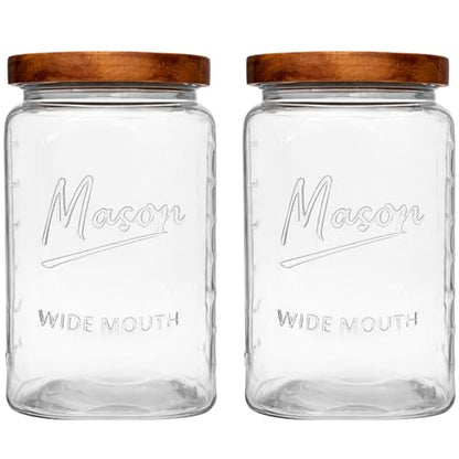 1 Gallon Glass Jars with Wooden Lids - Extra Large Mason Jars Wide Mouth with Airtight Wood Lids - Square Glass Storage Containers with Measurement Markings for Flour, Sugar & Pickling, 2 Pack