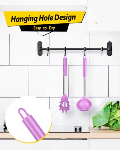 Silicone Pasta Fork and Ladle Spoon Set, Large Non Stick Kitchen Utensils for Cooking,Stirring,Serving Spaghetti, Soup, Sauce (PURPLE) - color: Purple