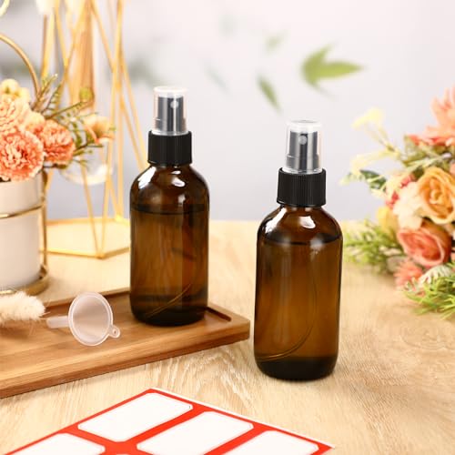 Fumete 2 Pack Glass Bottles 4oz Empty Refillable Liquid Containers with 1 Label 1 Funnel for Essential Oils Hair Travel Plants Cleaning Skin Care(Amber, Black Top,Mist Bottle) - color: Amber, Black Top, style: Mist Bottle
