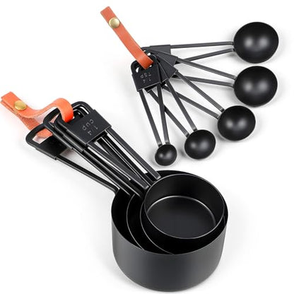 9 PCS Black Stainless Steel Measuring Cups and Spoons Set, Nesting Metal Measuring Cup with Ring Connector for Liquid and Dry Ingredients, Cooking and Baking (Black) - color: Black