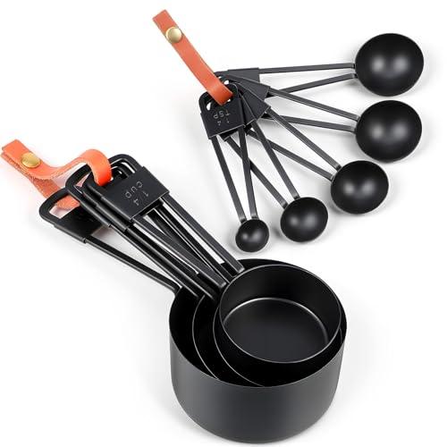 9 PCS Black Stainless Steel Measuring Cups and Spoons Set, Nesting Metal Measuring Cup with Ring Connector for Liquid and Dry Ingredients, Cooking and Baking (Black) - color: Black