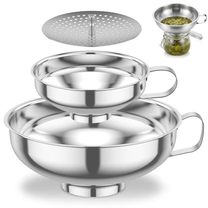 3 Piece Stainless Steel Canning Funnel Set with Strainer, Wide Mouth Mason Jar Funnels for Kitchen, Metal Funnel for Filling Bottles, Canning Supplies for Preserving, Dishwasher Safe - color: Silver 3pcs