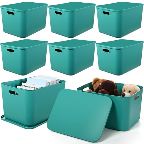 Hoolerry 8 Pieces Colorful Storage Bins with Lid, Plastic Storage Basket Organizing Container Stackable Box with Handle for Shelves Desktop Playroom Office(16.1 x 12.0 x 9.7 Inch,Green) - color: Green, size: 16.1 x 12.0 x 9.7 Inch