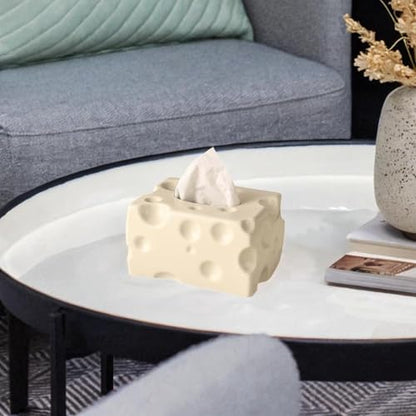 Tissue Dispenser Box Tissue Box Cover Cheese Shaped Tissue Paper Storage Holder Art Ceramic Tissue Box for Restaurant Kitchen, Beige - color: Beige