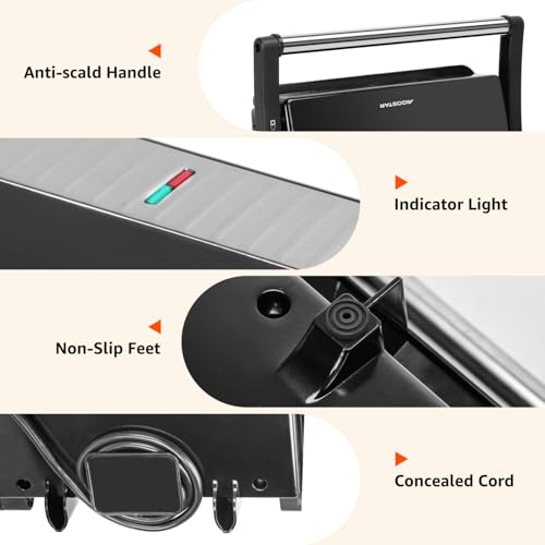 Panini Press Grill, Aigostar 1000W Sandwich Maker with Ceramic Non-stick Plates, Opens 180 Degrees for Any Size Food, 3-in-1 Sandwich Press Electric Grill, Drip Spout & Locking Lid, Sliver - color: Black