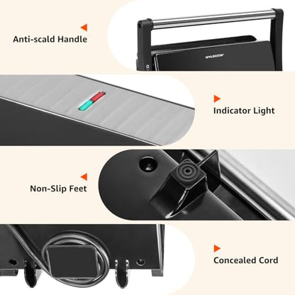 Panini Press Grill, Aigostar 1000W Sandwich Maker with Ceramic Non-stick Plates, Opens 180 Degrees for Any Size Food, 3-in-1 Sandwich Press Electric Grill, Drip Spout & Locking Lid, Sliver - color: Black