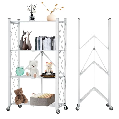 4 Tier Foldable Storage Shelf with Wheels, Heavy Duty Folding Shelf Loads 600 LBS, Metal Steel Collapsible Shelves, Rolling Standing Utility Rack for Kitchen, Pantry, Office, White - color: White, size: 4 Tier