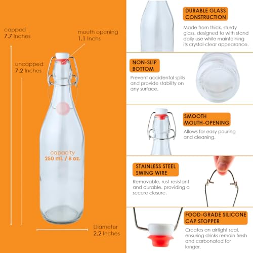 FastRack 8.5oz Swing Top Glass Bottles (Pack of 8) | Clear Resealable Flip Top Bottles with Airtight Lids – Reusable Grolsch-Style Bottles for Kombucha, Beer, Soda, Mead, Vinegar & Olive Oil