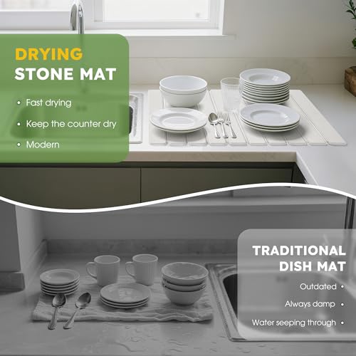 HABUTWAY Large Stone Dish Drying Mat for Kitchen Counter – 24"×16" Collapsible Diatomaceous Earth Mat, Ultra Absorbent & Quick Dry, Foldable Drying Pad for Dishes, Bottles, Cups (White) - color: White