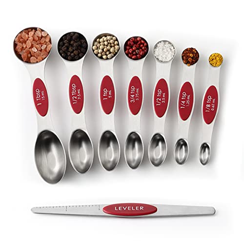 Spring Chef Red Stainless Steel Magnetic Measuring Spoons Set of 8 with Leveler, Dual Sided Nesting Teaspoon & Tablespoon Measuring Spoons, Kitchen Gadgets for Baking & Cooking, Fits in Spice Jars - color: Red, size: 1-Pack