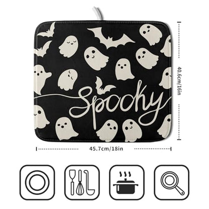 Halloween Dish Drying Mat for Kitchen Counter 16x18 Cute Ghost Black Spooky Holiday Scary Theme Absorbent Reversible Microfiber Drying Mats Kitchen Countertop Protector Dishes Drainer Pad - size: 16" x 18"