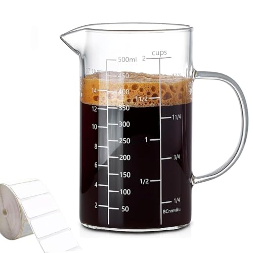 Measuring Cup, 500ML 2 CUP Glass Liquid Measuring Cup with Blank Label, Three Scales (OZ, Cup, ML/CC) High Borosilicate Glass for Kitchen or Restaurant, V-Shaped Spout Measuring Cups