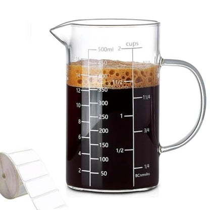 Measuring Cup, 500ML 2 CUP Glass Liquid Measuring Cup with Blank Label, Three Scales (OZ, Cup, ML/CC) High Borosilicate Glass for Kitchen or Restaurant, V-Shaped Spout Measuring Cups