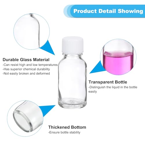 PATIKIL 0.5oz(15ml) Glass Sample Bottles, 12Pcs Round Bottle Dispensing Bottles with White Poly Cone Cap for Reagent Liquids, Juice, Perfume Hot Sauce Ginger Shots, Transparent - color: Clear,White, size: 0.5 oz
