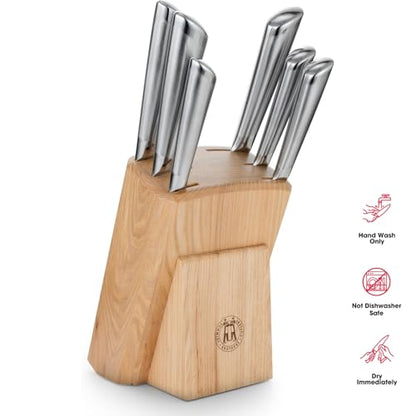 Schmidt Brothers - Atlas Series - 7-Piece Knife Set, High-Carbon Stainless Steel Cutlery with Natural Wood Knife Block - color: Atlas