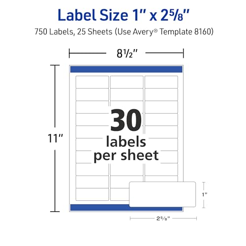 Avery Easy Peel Printable Address Labels with Sure Feed, 1" x 2-5/8" Customizable Stickers, White, 750 Blank Mailing Labels, Great for Mailing, Shipping, and More (8160) - size: 1" x 2-5/8"