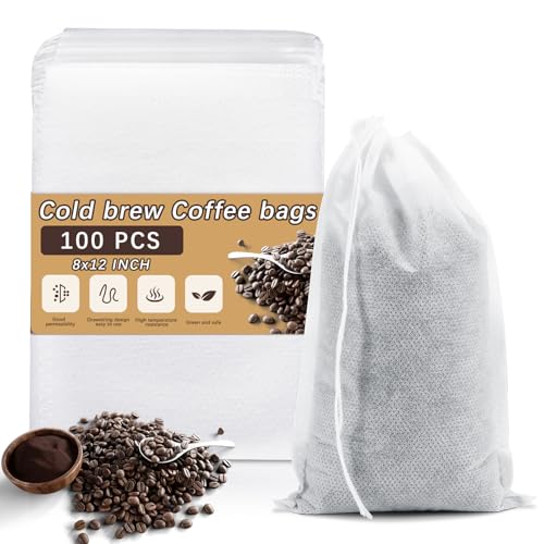 100 Pcs Cold Brew Bags 8x12 inch, No Mess Disposable Cold Brew Coffee Filter Pouches with Drawstring Large Empty Tea Bag for Loose Leaf Tea, Iced Coffee, Herbs, Spice, Home brewing, Hot pot - color: 8 x 12 inch - 100 Pcs