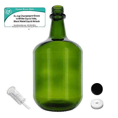 Home Brew Ohio 3L Jug Champagne Green - White Cap with Hole, Econo Three-Piece Airlock, and Black Metal Cap