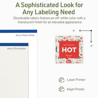 Avery Dissolvable Square Labels, Sure Feed Technology, 3" x 3", Matte White, Print-to-The-Edge, Laser/Inkjet Printable, 30 Labels Total - style: 30 labels