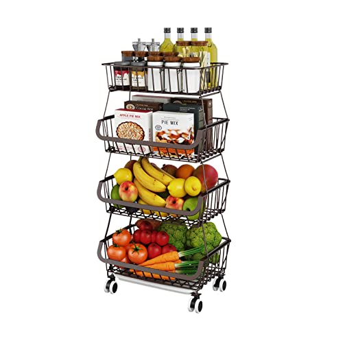 Fruit Vegetable Storage Basket for Kitchen - 4 Tier Stackable Metal Wire Baskets Cart with Rolling Wheels Utility Fruits Rack Produce Snack Organizer Bins for Pantry Bathroom Laundry Bronze - color: 4 Tier-bronze