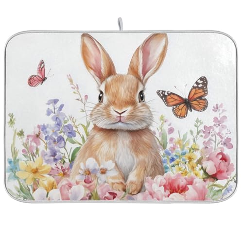 Cute Bunny and Blooming Flowers Dish Drying Mat Super Absorbent Drying Mat 18x24 inch Large Dish Drying Mats for Kitchen Counter Dish Drying Pads Kitchen Drying Matt for Countertop - color: Cute Bunny and Blooming Flowers, size: 18" x 24"