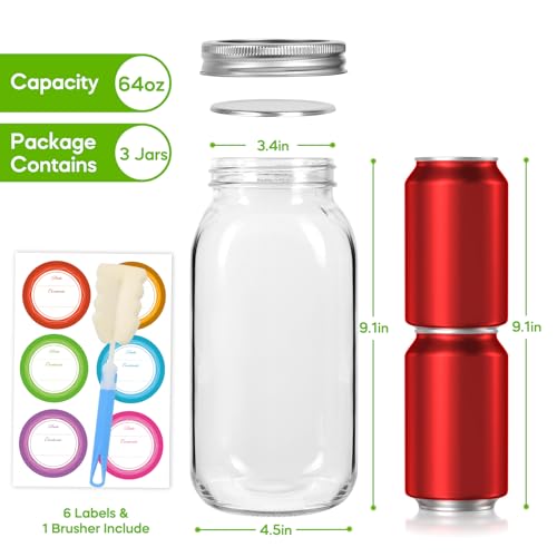 64oz Glass Wide Mouth Mason Jars, 3 Pack | Large Half Gallon Mason Jars with Airtight Lids & Bands for Pantry, Canning, Fermenting & Pickling or Storing