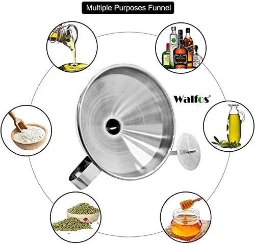Large Stainless Steel Funnel, Walfos Kitchen Funnel with 2 Removable Strainer ＆ 1Pc Cleaning Brush, Perfect for Transferring of Liquid, Oils, Jam, Dry Ingredients & Powder (Big, 5.7") - color: 1pcs funnel 5.7 inch