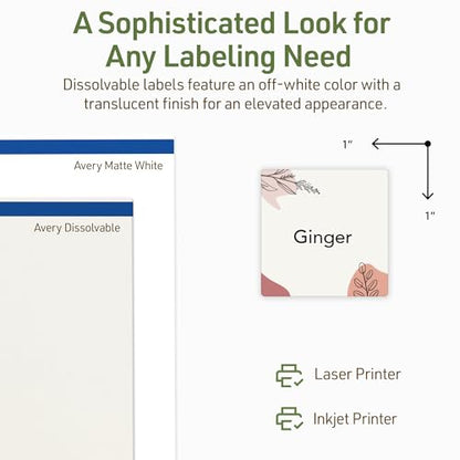 Avery Dissolvable Square Labels, Sure Feed Technology, 1" x 1", Matte White, Print-to-The-Edge, Laser/Inkjet Printable, 240 Labels Total - style: 240 labels