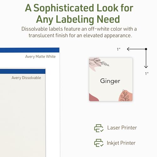 Avery Dissolvable Square Labels, Sure Feed Technology, 1" x 1", Matte White, Print-to-The-Edge, Laser/Inkjet Printable, 480 Labels Total - style: 480 labels