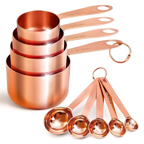 Measuring Cups and Spoons Set of 9, Utensils for Dry and Liquid Ingredients, Copper Kitchen Accessories, Rose Copper Decor for Home, Stackable, Sturdy Stainless Steel - color: Copper