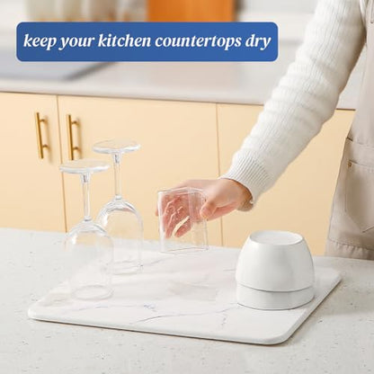 Quick Dry Stone Drying Mat for Kitchen Counter, Water-Absorbent Diatomaceous Dish Drying Mats, Multi-Purpose Stone Drying Tray for Cups Dishes Bottles, Carrara White Marble - color: Carrara White Marble