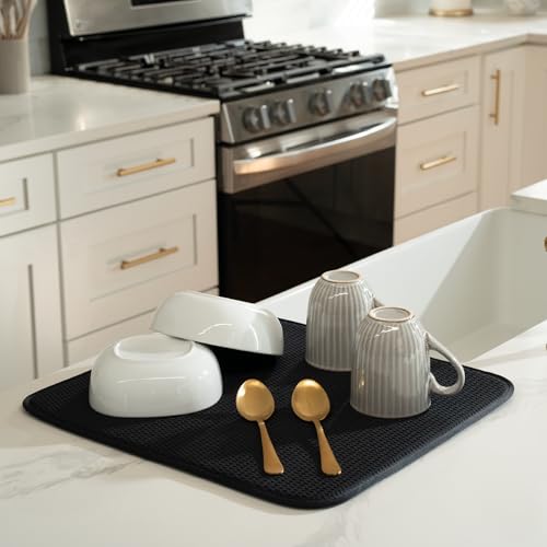 S&T INC. Dish Drying Mat, 16” x 18”, Absorbent Microfiber Kitchen Counter Mat, Drying Pad for Dishes, Utensils, Pots and Pans, Large, Diamond Texture, Black - size: 16" x 18"
