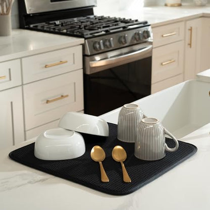 S&T INC. Dish Drying Mat, 16” x 18”, Absorbent Microfiber Kitchen Counter Mat, Drying Pad for Dishes, Utensils, Pots and Pans, Large, Diamond Texture, Black - size: 16" x 18"