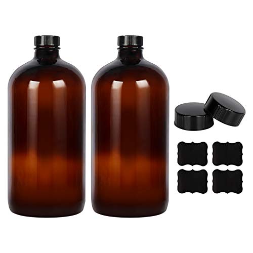 STARSIDE 32oz 2-Pack Amber Glass Boston Bottles with Airtight Seal & Caps | 1 Liter Glass Boston Round Bottles with Phenolic Poly Cone Caps, for Secondary Fermentation, Kombucha, Brewing and Juicing - size: L-32OZ-2pack