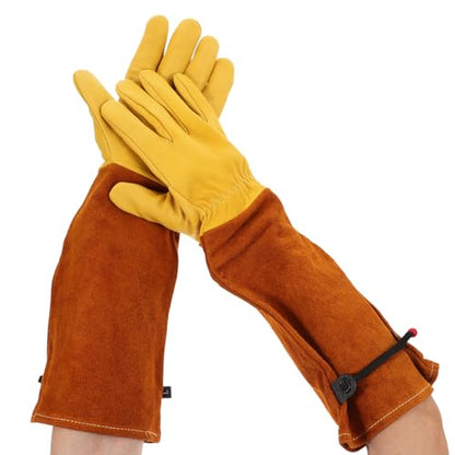 Homoyoyo 2pcs Long Sleeve Gardening Gloves Thorn-resistant Protective Gloves for Outdoor Yard Work and Beekeeping, Size L, Golden Leather Palm with Brown Cowhide Sleeve