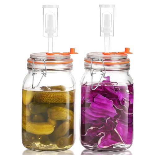 50 Oz Glass Fermentation Jars Kit - 2 Pack Kimchi Wide Mouth Fermenting Container with Airlocks, Sauerkraut Fermenter Making Set for Pickling Canning Sauce, Includes Recipes - size: 2 Pack 50 Oz