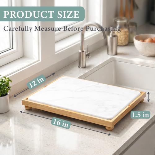 Golener Stone Drying Mat for Kitchen Counter, Dish Drying Pad with Bamboo Rack, Super Absorbent Diatomaceous Earth and Drying Rack, Multi-purpose Quick Drying Mat Rack for Kitchen,Marble White,16”x12”